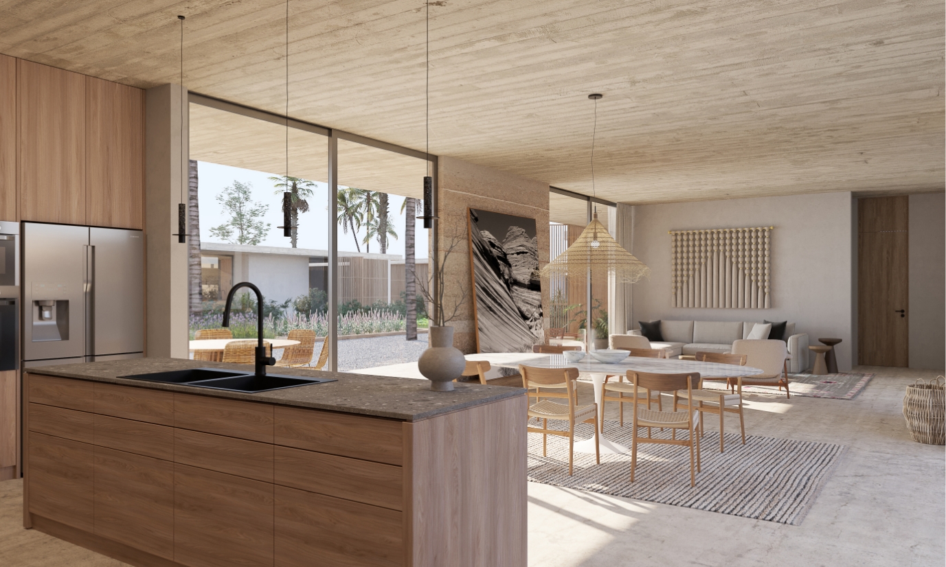 A pool surrounded by lounge chairs and palm trees.