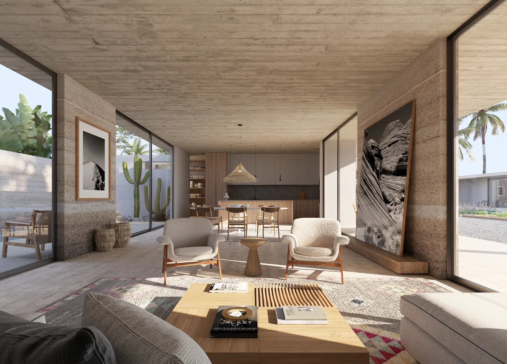 A modern living room with a large window, showcasing stylish furniture and natural light.